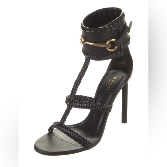 Gucci Black Leather & Gold Horse Bit Ankle Cuff Stiletto Heel Gladiator Sandal - Picture 1 of 15